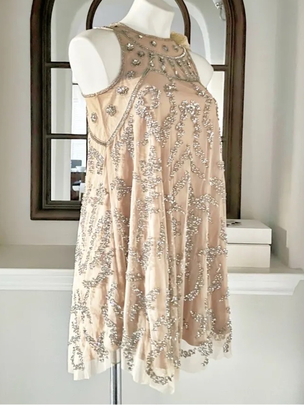 Altar’d State High Neck Beaded Sequin Embellished Mini Party Dress Nude Silver S